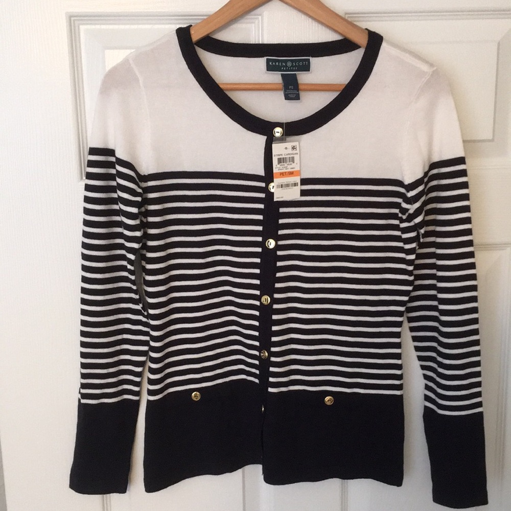New navy blue and white stripe cardigan. Size PS.